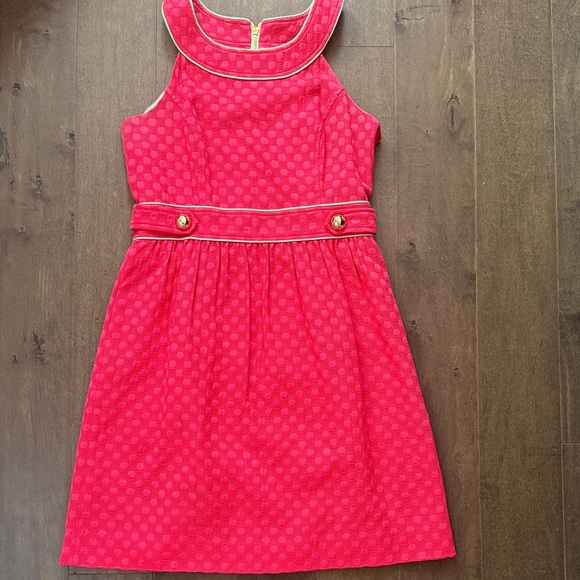 Sail to Sable Dresses & Skirts - Sail to Sable Pink Polka Dot Jacquard Shift Dress Size 6 Preppy Gold Button